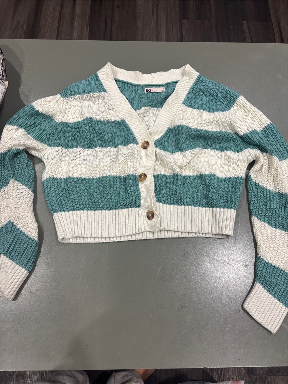 SO Cropped Striped Button-Front Cardigan - Cream & Teal